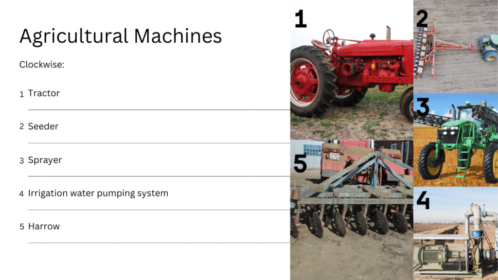 Different types of agricultural machines.