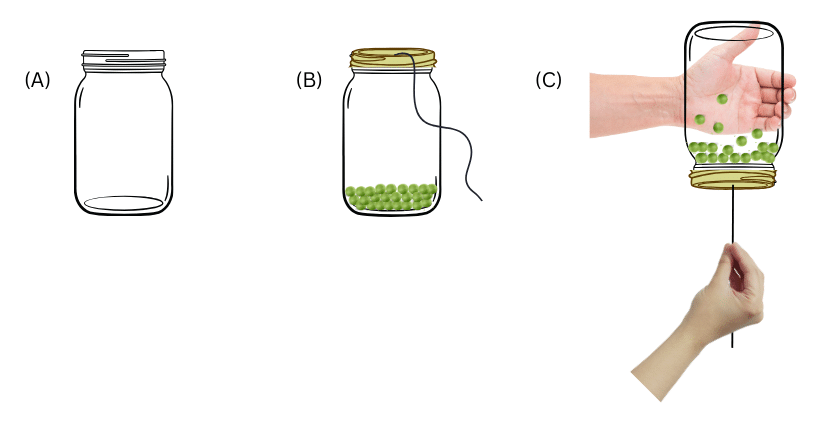 The peas bouncing up and down in the glass jar are shown.