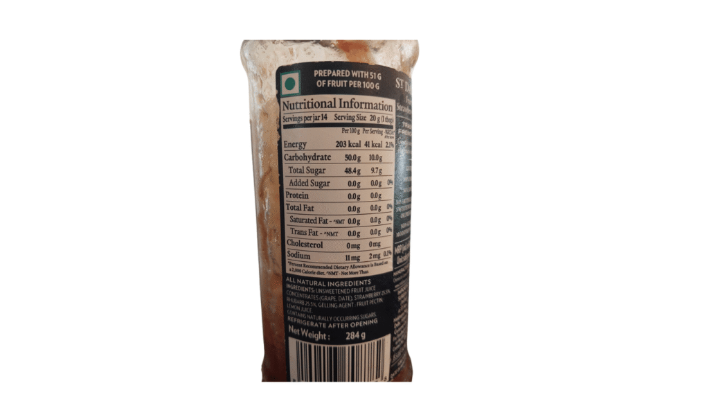 Label of jam bottle containing nutritional information.