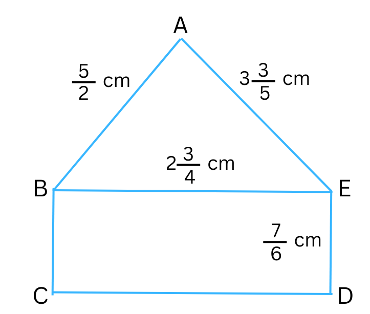 Triangle on top of rectangle with measurements of all sides given.