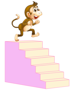 Monkey jumping down stairs.