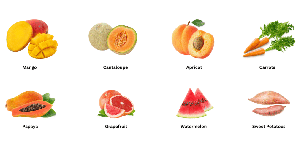 Fruits and vegetables rich in Vitamin A.