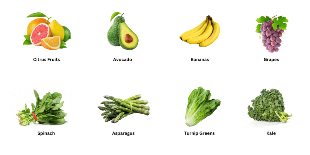 Fruits and vegetables rich in B-complex vitamins.