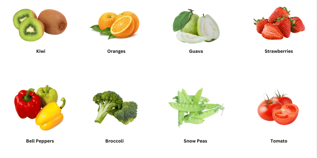 Fruits and vegetables which are rich in Vitamin C.
