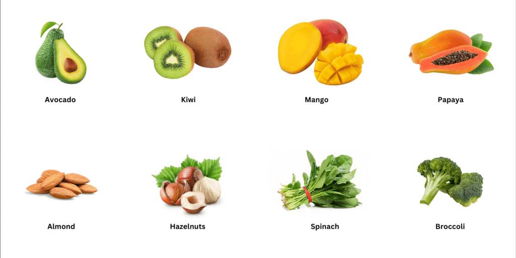 Fruits and vegetables which are rich in Vitamin E.