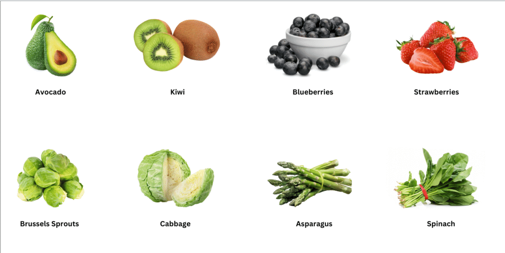 Fruits and vegetables which are rich in Vitamin K.