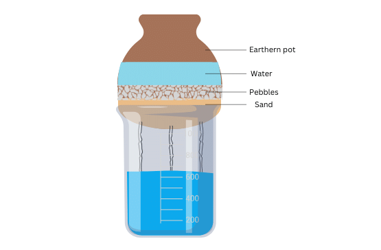 Filtration plant using earthen pot (mutka) and beaker.