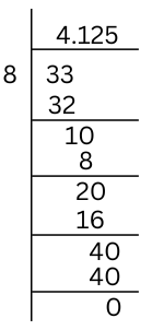 Conversion of fraction 33/8 to decimal form is shown by division.