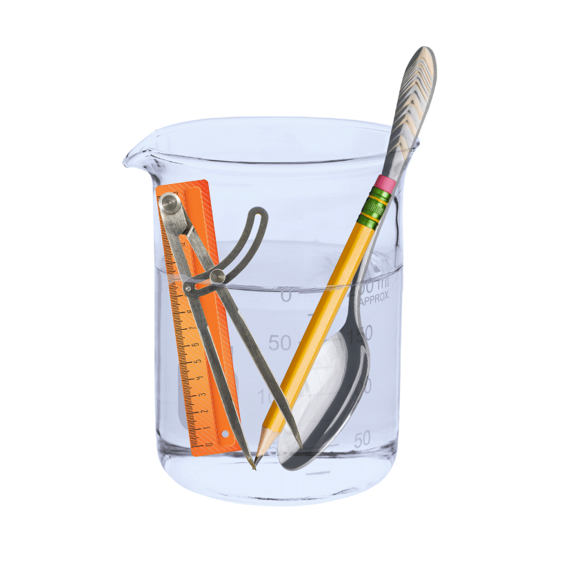 Steel spoon, plastic scale, pencil and divider immersed in water in a beaker.
