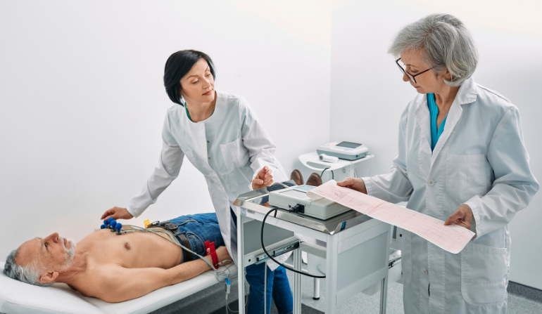 An ECG procedure being performed on a patient.