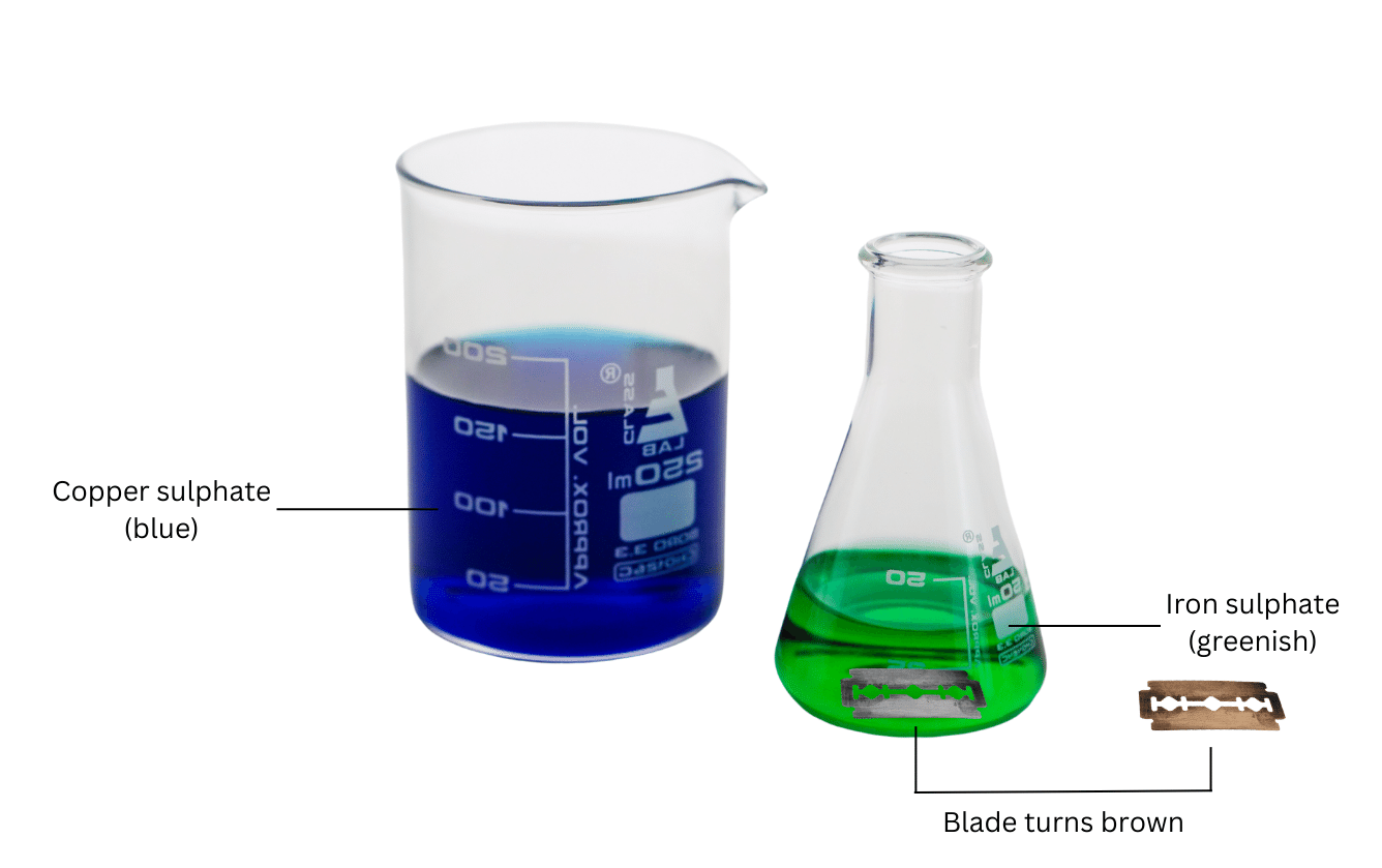 Iron blade becomes brown in copper sulphate and solution turns green.