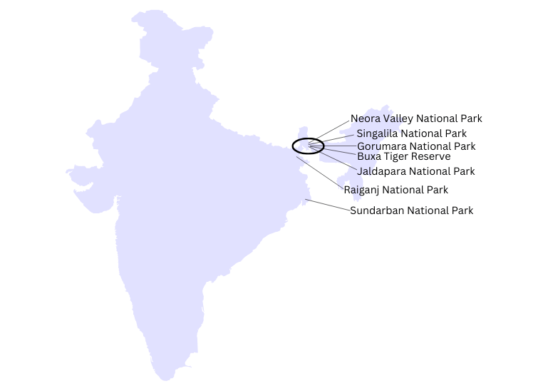 Map of India showing only the national parks in West Bengal.