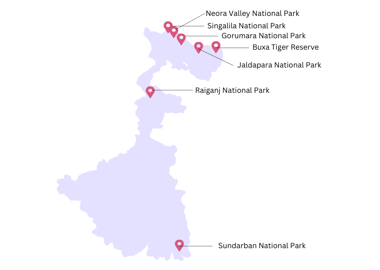 Map of West Bengal showing national parks.