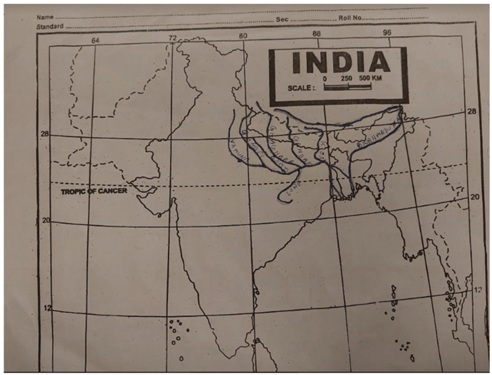 Map of India with Ganga and Brahmaputra and tributaries.