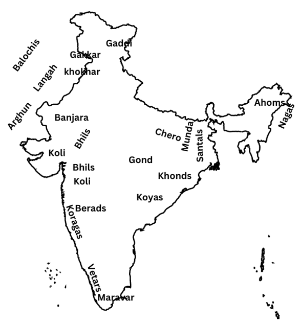 Location of tribes plotted in the chapter given on the map.