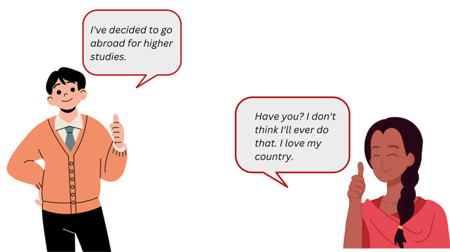 Pair of students talking to each other about leaving the country.