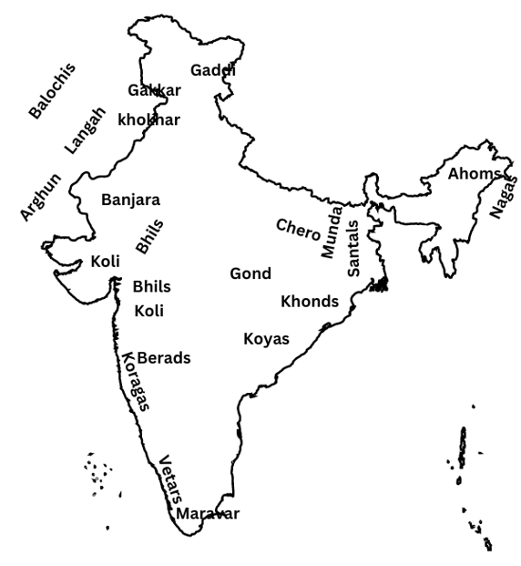 Areas in which tribal people lived plotted on a physical map of subcontinent.