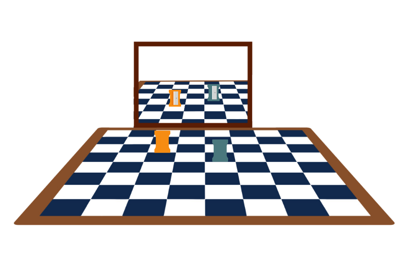 Two sharpeners placed on chess board in front of mirror.