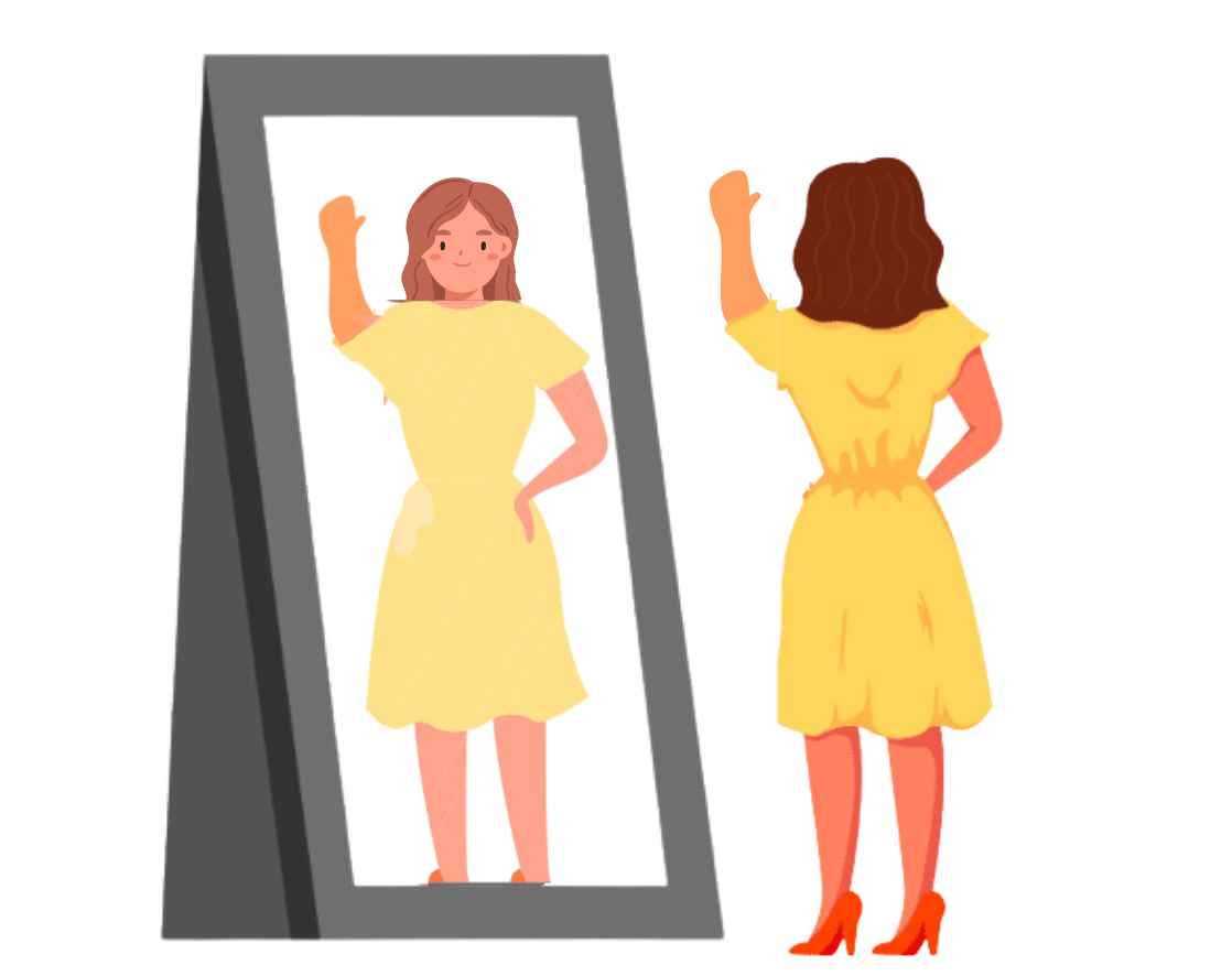 Girl standing in front of plane mirror.