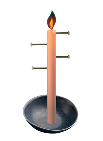 Candle clock in Rome with nails inserted in it at specific intervals.