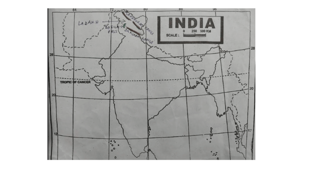 Karakoram Range, Zanskar Range, Ladakh and Zoji La pass on outline map of India.