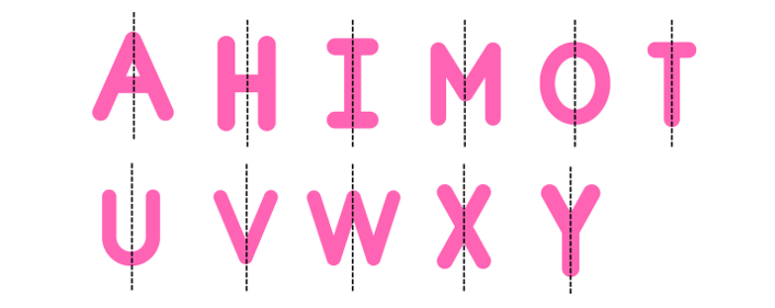 The lines of symmetry for the letters A, H, I, M, O, T, U, V, W, X and Y are shown.