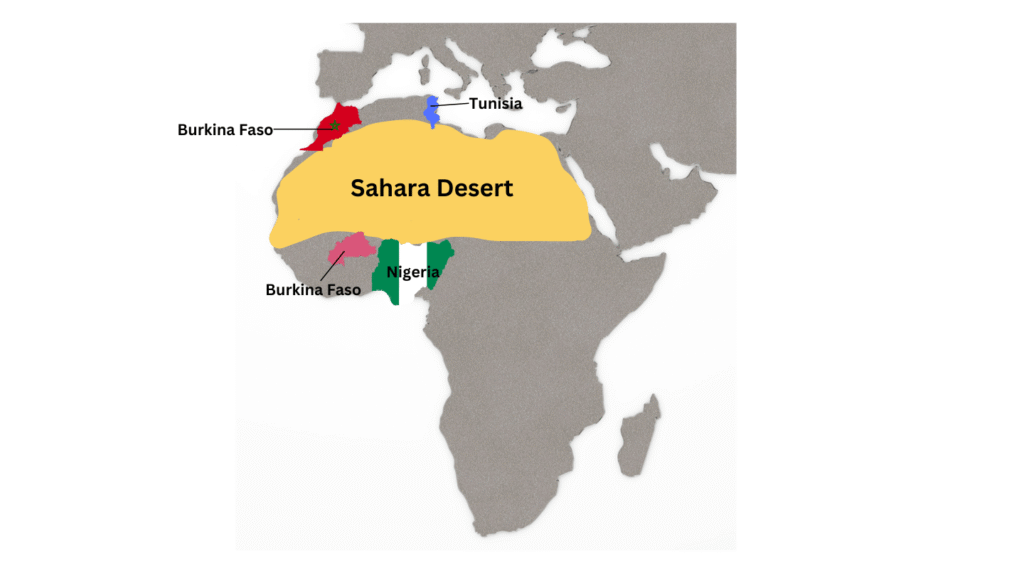 Sahara desert surrounded by four countries on outline map of Africa.