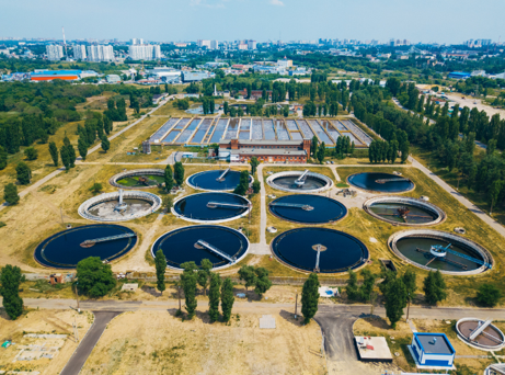Aerial view of wastewater treatment plant.