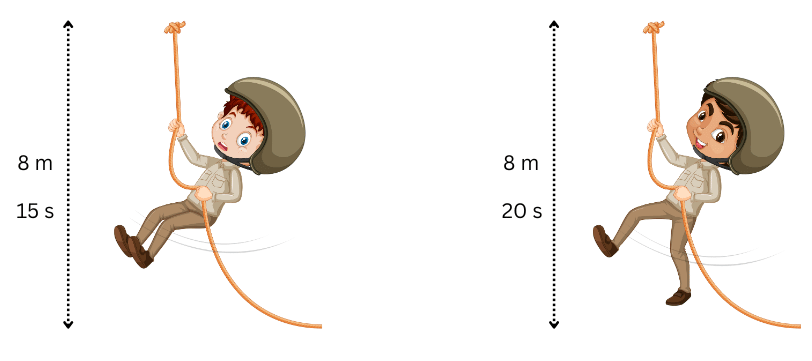 Two boys climbing up a rope separately.