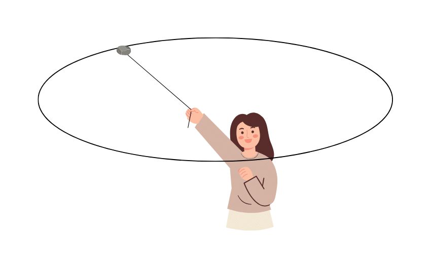 Girl whirling a stone tied to a string above her head.