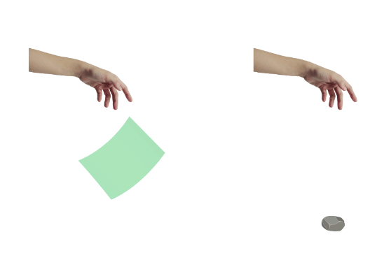 Two hands dropping a sheet of paper and a stone from a certain height.