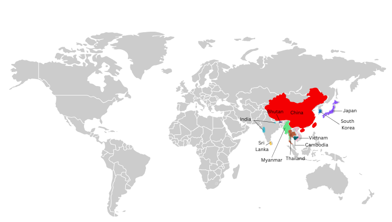 Map of the world with Buddhist countries.