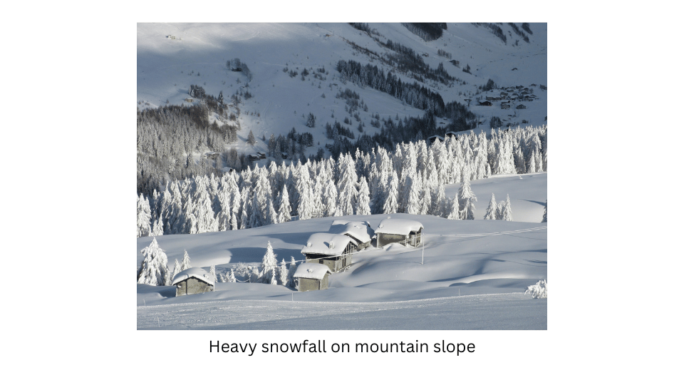Heavy snow covering mountains slope.