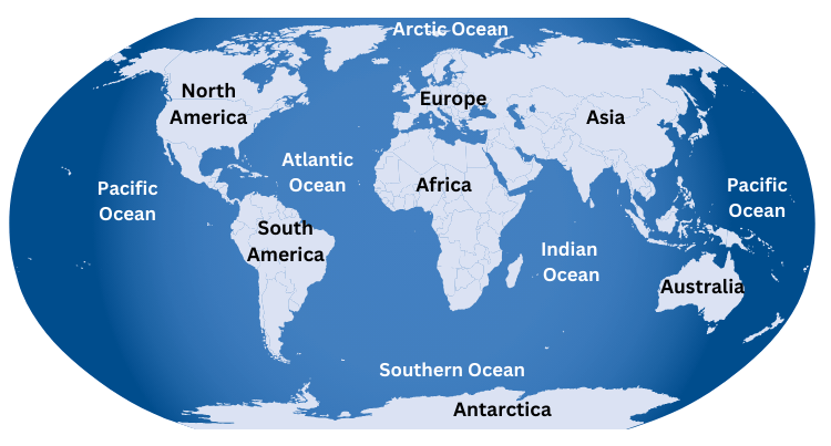 All continents and oceans labelled on an outline map of the world given below.